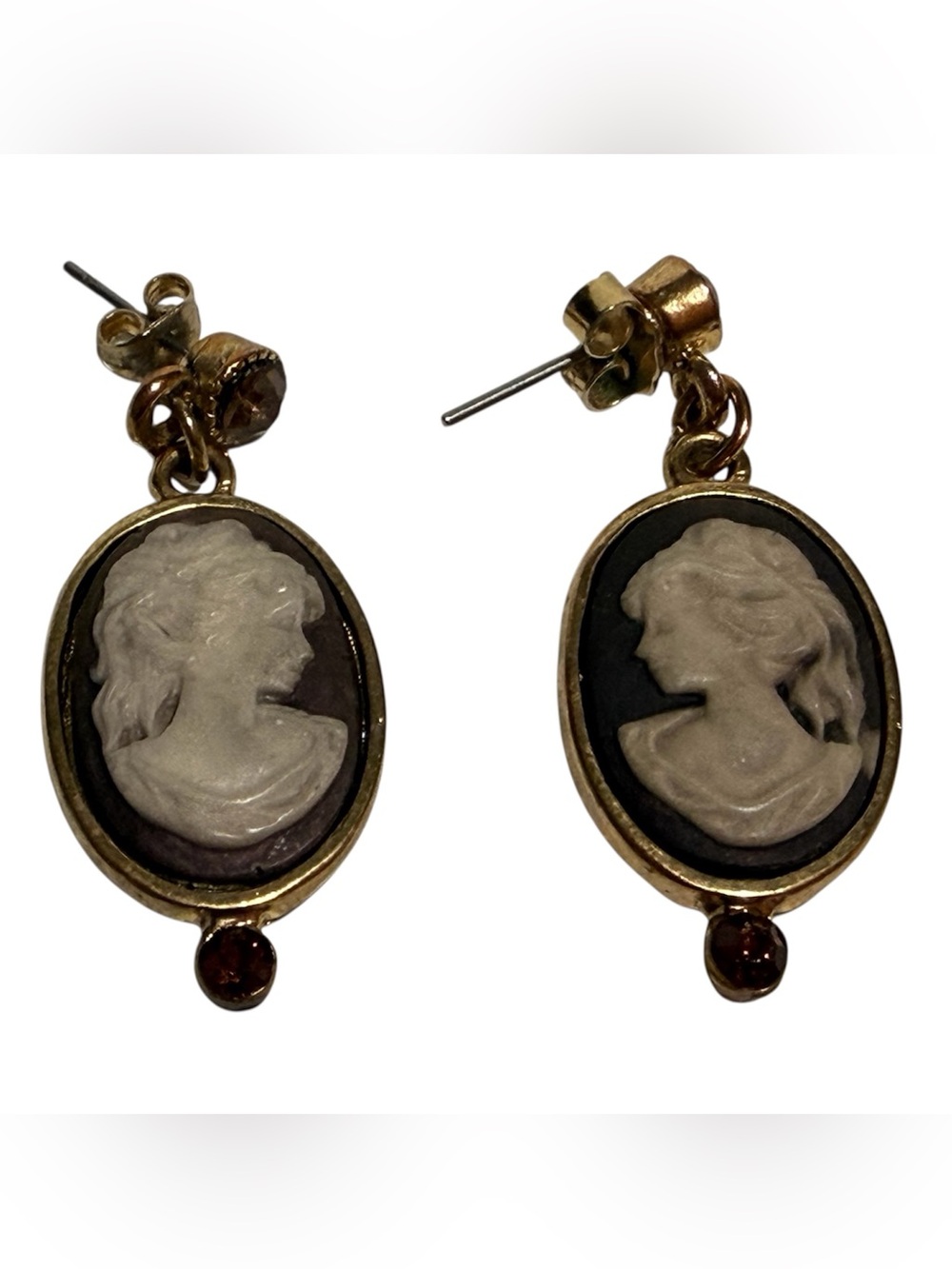 Sweet Feminine Romantic Cameo Drop Earrings Ovals w Amber Colored Rhinestones